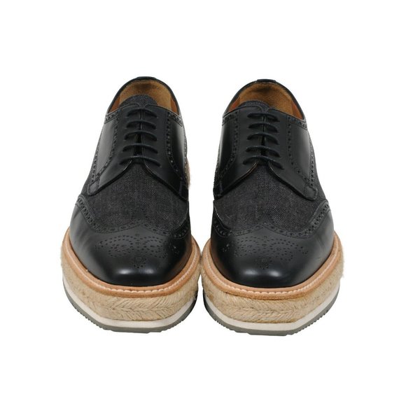 Prada Mens Wingtip Platform Espadrille Brogues US9 P8 Blue Denim Black Leather - Picture 2 of 8